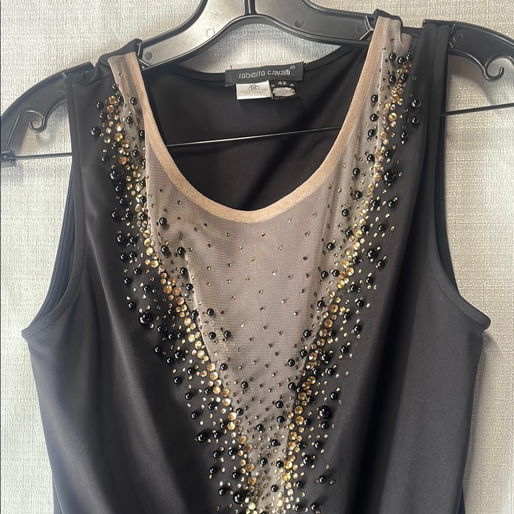 Roberto Cavalli Black and Gold Embellished Tank Top